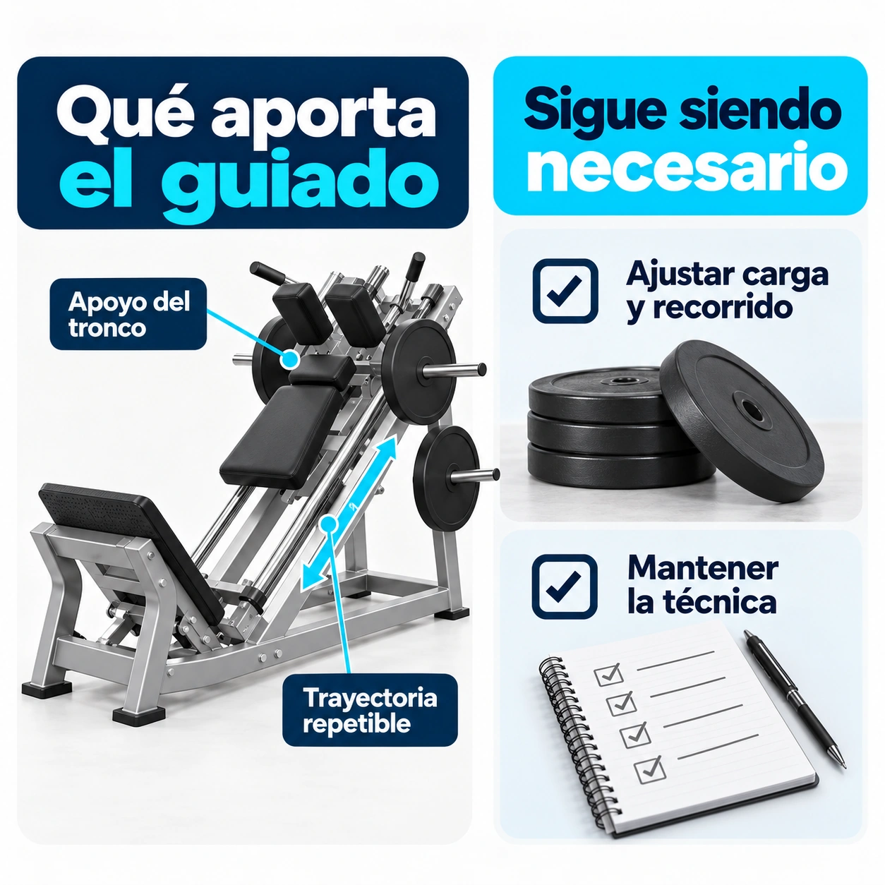 El guiado de la hack squat facilita apoyo y repetición de la trayectoria, pero exige ajustar carga, recorrido y técnica.