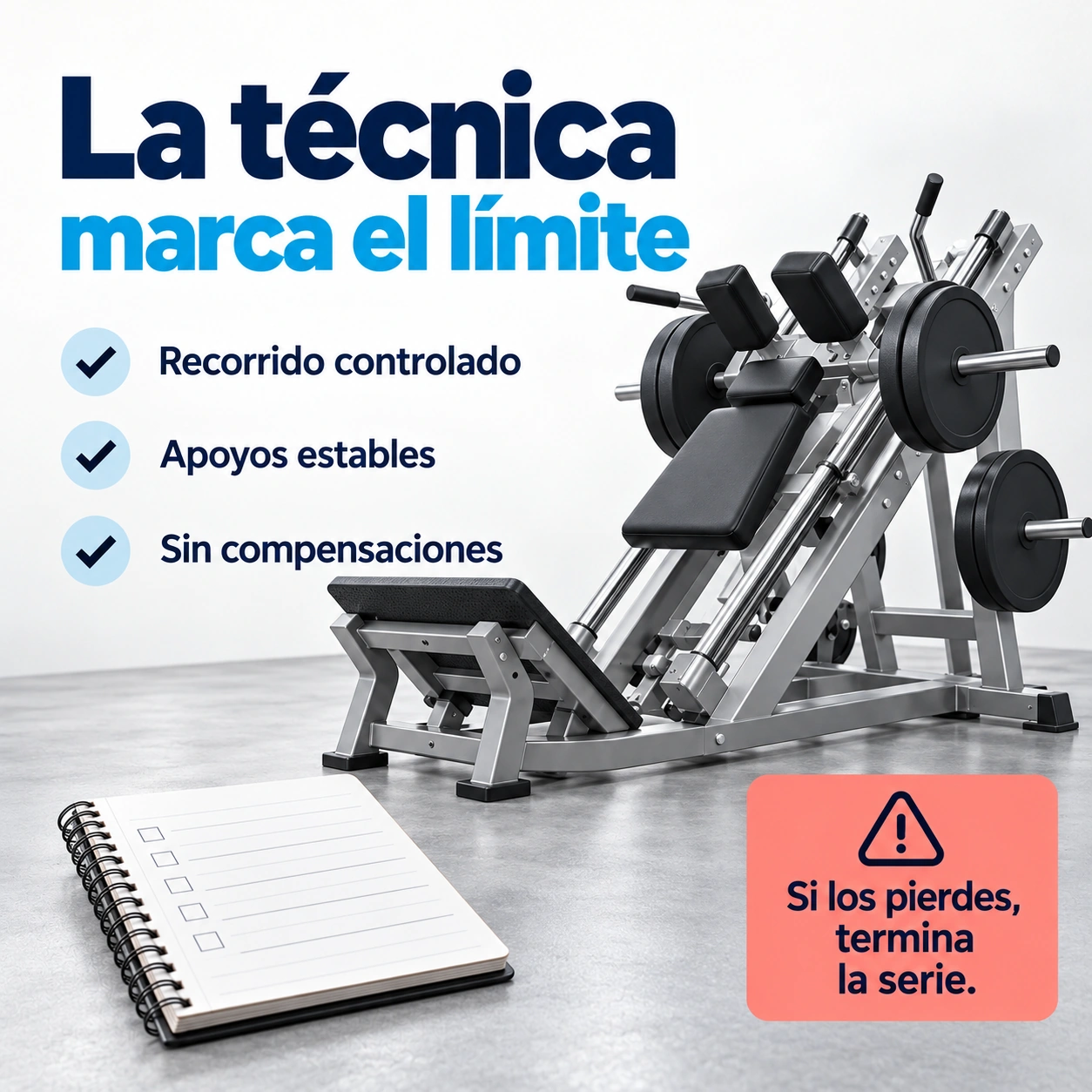 Criterios para finalizar una serie de hack squat cuando se pierde recorrido, estabilidad de apoyos o aparecen compensaciones.
