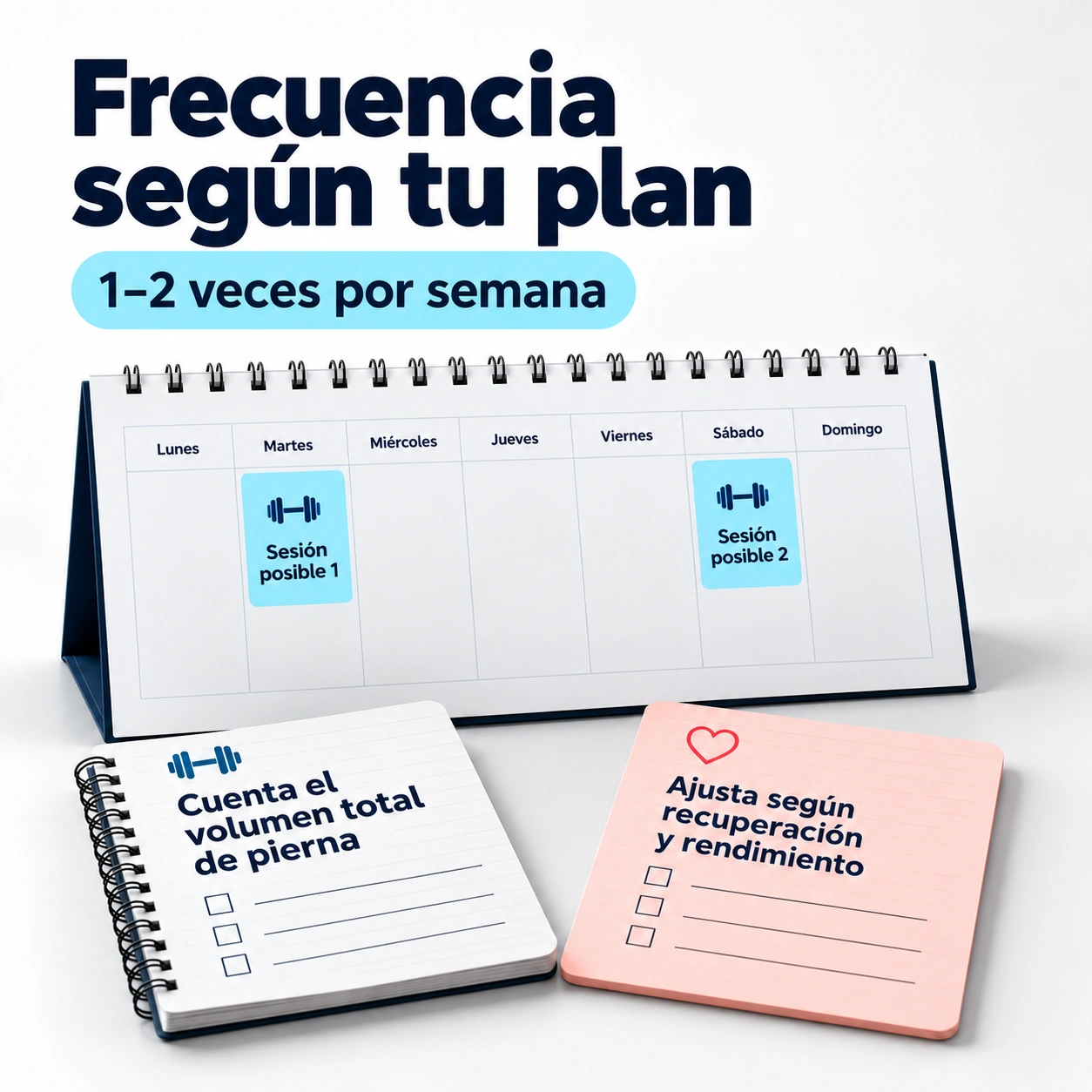 Frecuencia orientativa de una o dos sesiones semanales de hack squat ajustada al volumen total de piernas y la recuperación.