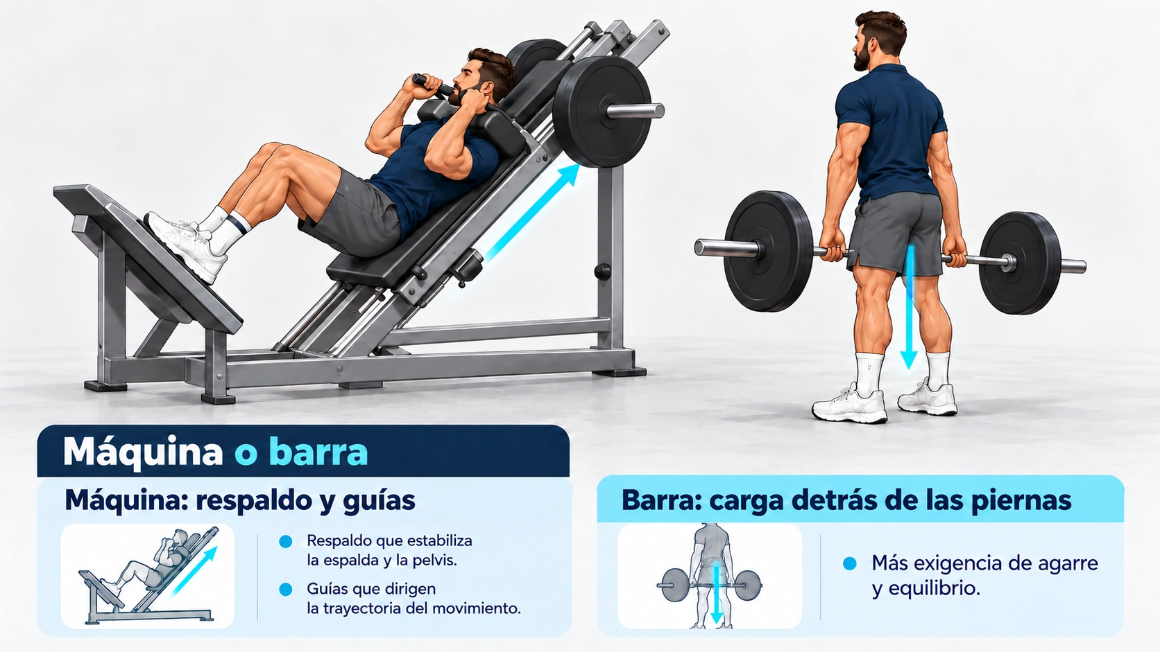 Comparación de la hack squat guiada en máquina y la versión libre con barra detrás de las piernas.