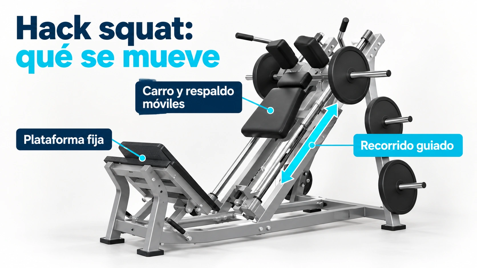 Máquina hack squat con carro y respaldo móviles sobre guías inclinadas y plataforma fija para los pies.