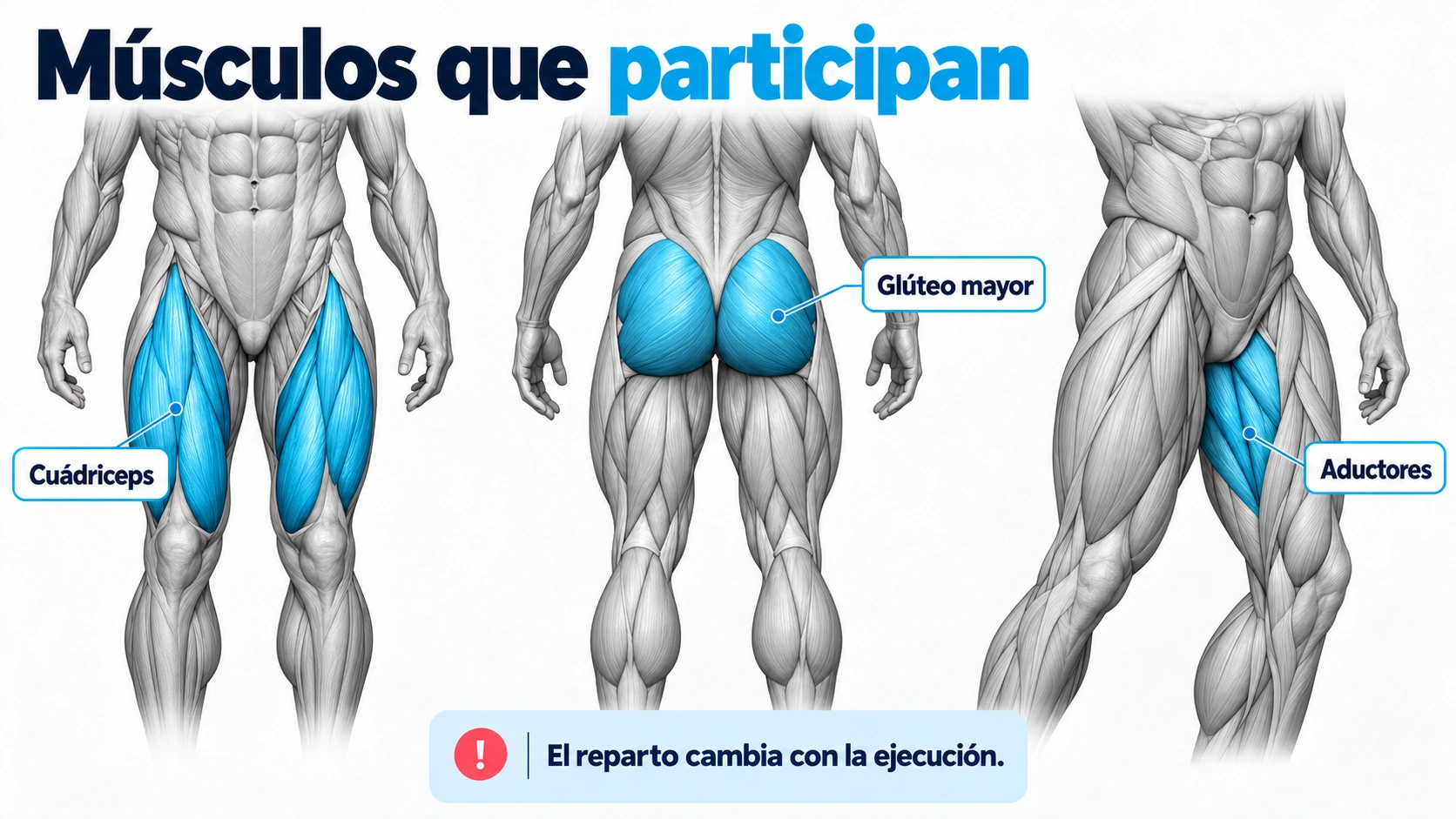 Localización de cuádriceps, glúteo mayor y aductores que participan en la sentadilla hack.