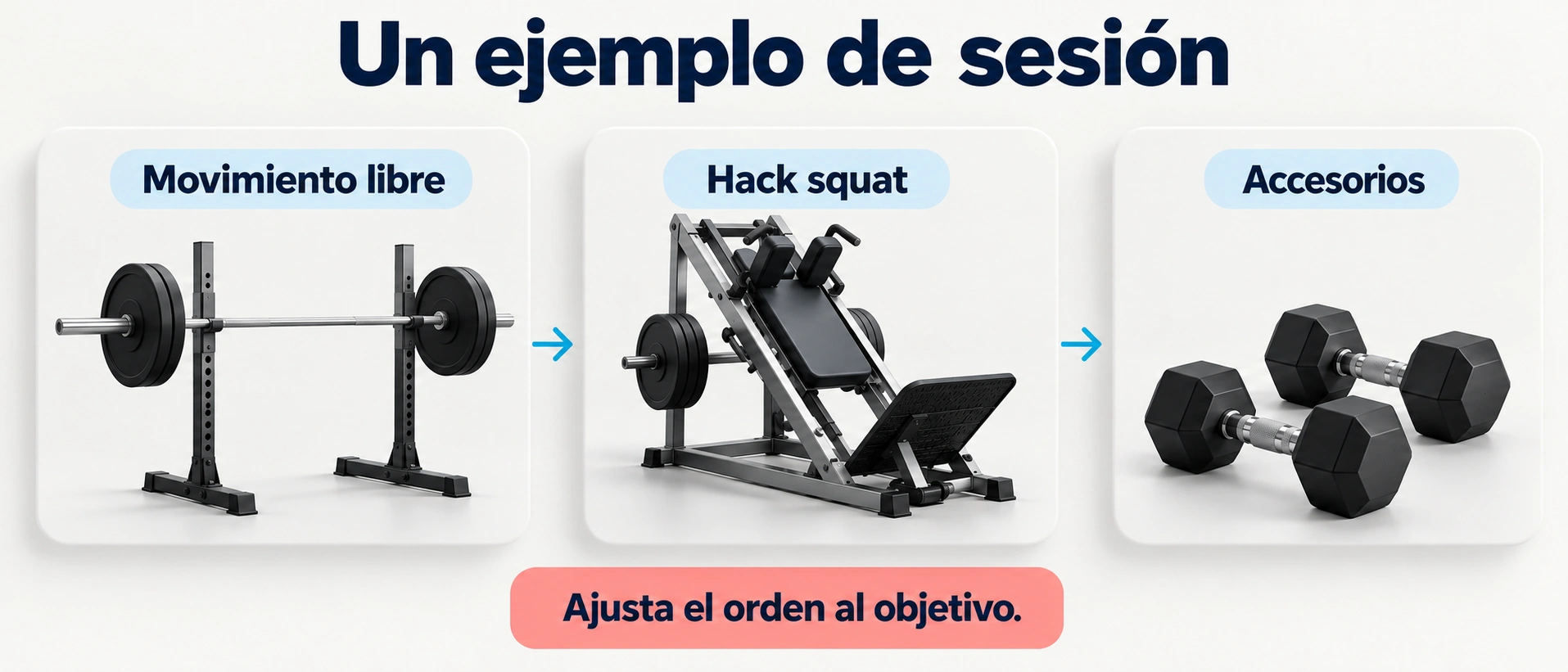 Ejemplo de integración de un movimiento libre, hack squat y accesorios en una sesión de piernas.
