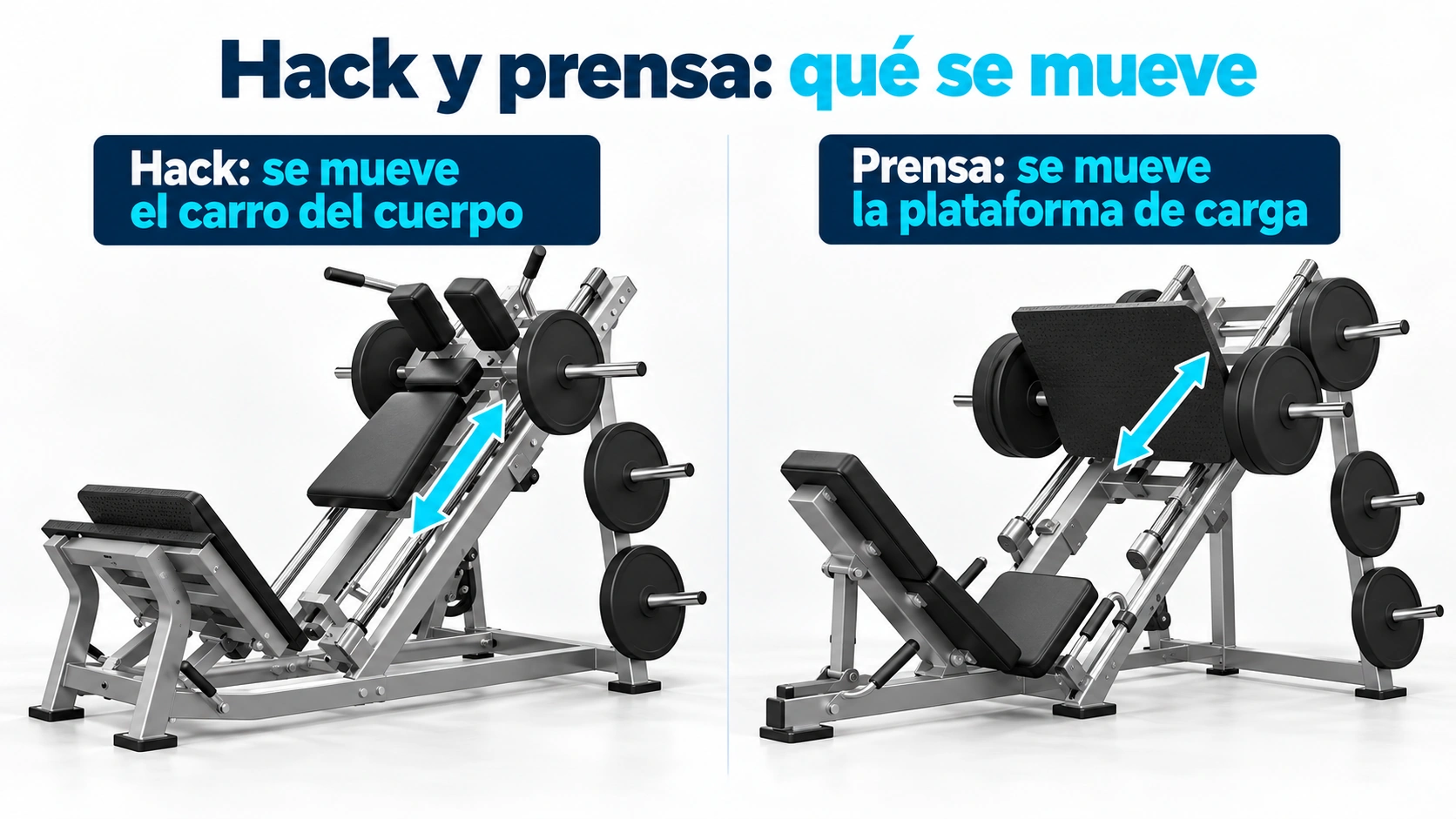 Comparación del carro móvil de la hack squat con la plataforma de carga móvil de una prensa inclinada.