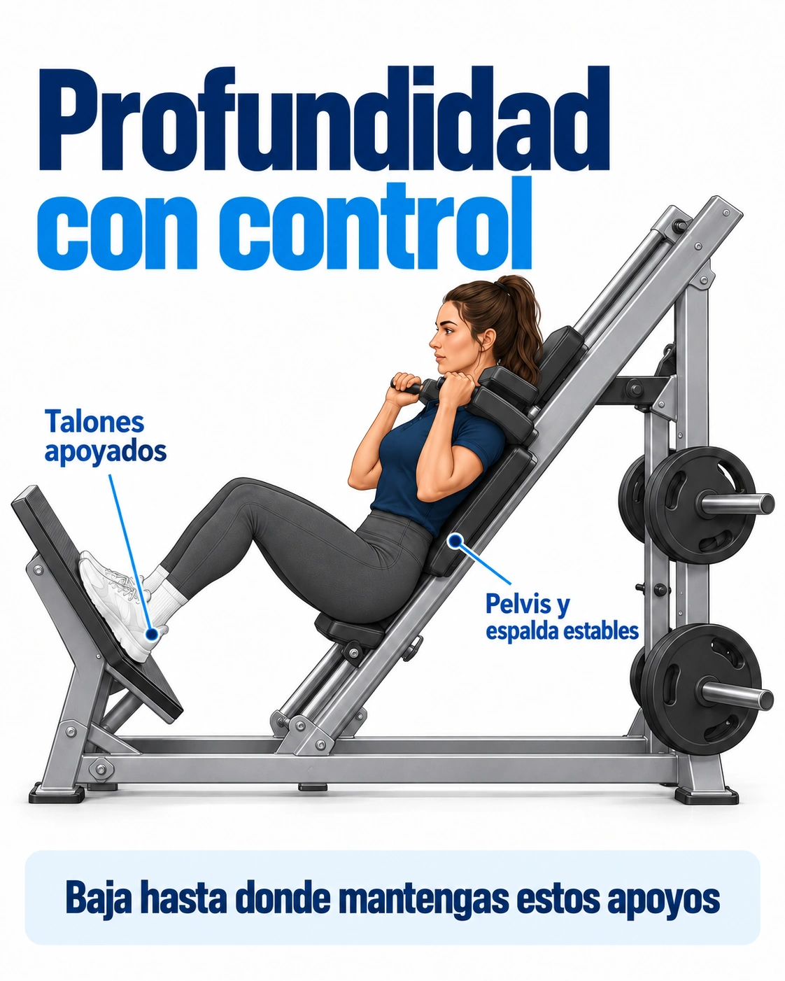 Profundidad de la hack squat adaptada a la movilidad, manteniendo talones, pelvis y espalda apoyados.