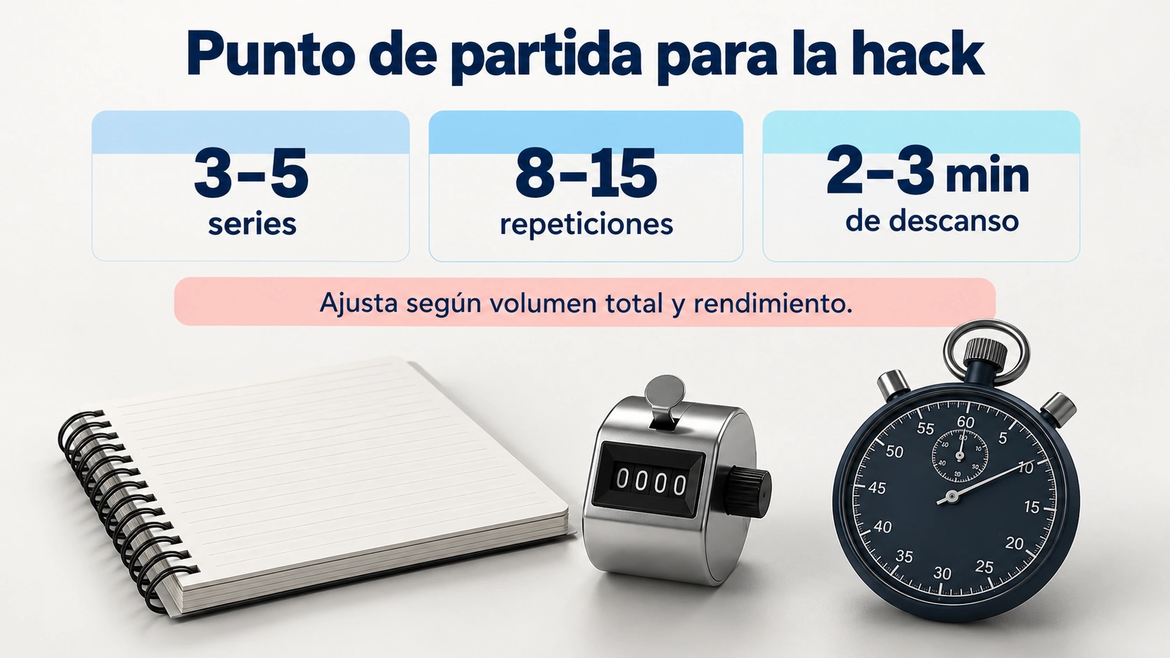 Rangos orientativos de tres a cinco series, ocho a quince repeticiones y dos a tres minutos de descanso para la hack squat.
