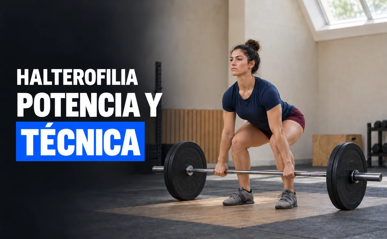 Deportista joven en la posición inicial de una cargada con barra sobre una plataforma, con el titular «Halterofilia: potencia y técnica».