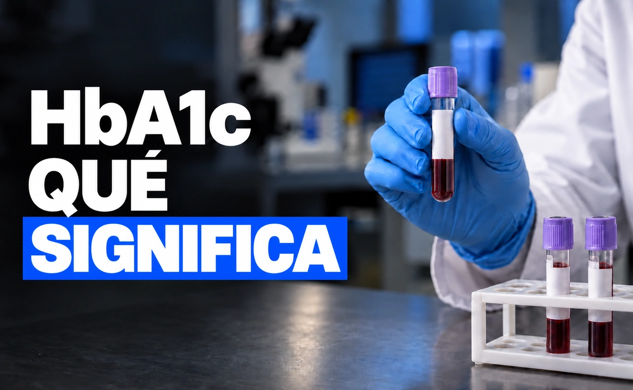 Mano enguantada sujetando un tubo de sangre con tapón lila en un laboratorio con el titular «HbA1c QUÉ SIGNIFICA».