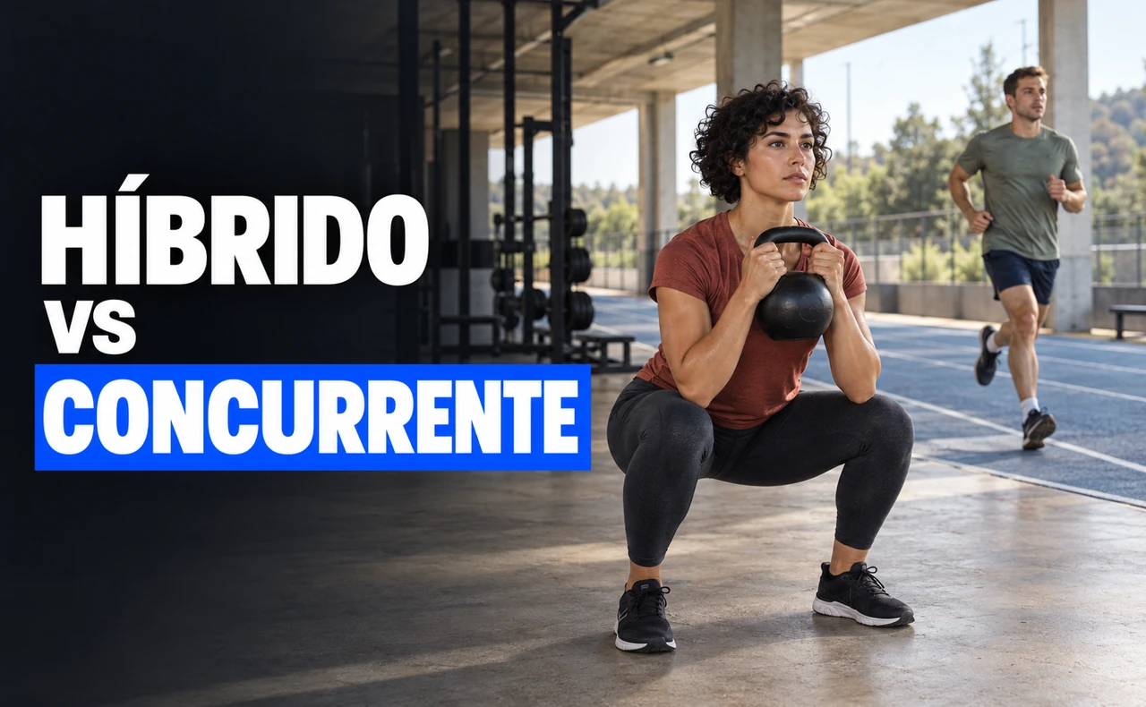 Deportista joven haciendo una sentadilla con una pesa rusa y otro deportista corriendo al fondo, con el titular «Híbrido vs concurrente».
