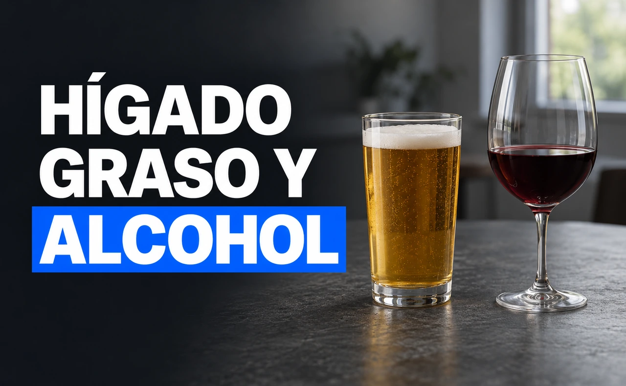 Vaso de cerveza y copa de vino tinto sobre una mesa gris, junto al titular «Hígado graso y alcohol».