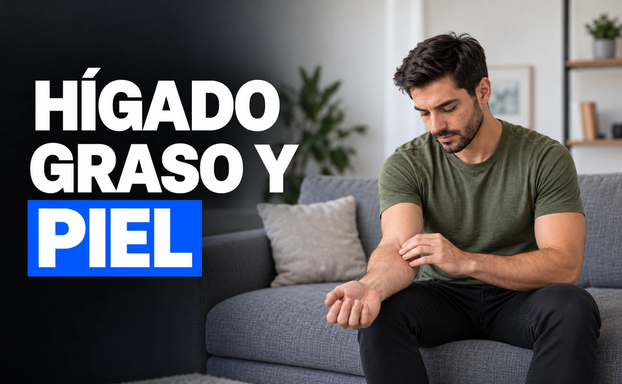 Hombre joven observando la piel de su antebrazo, junto al titular «Hígado graso y piel».
