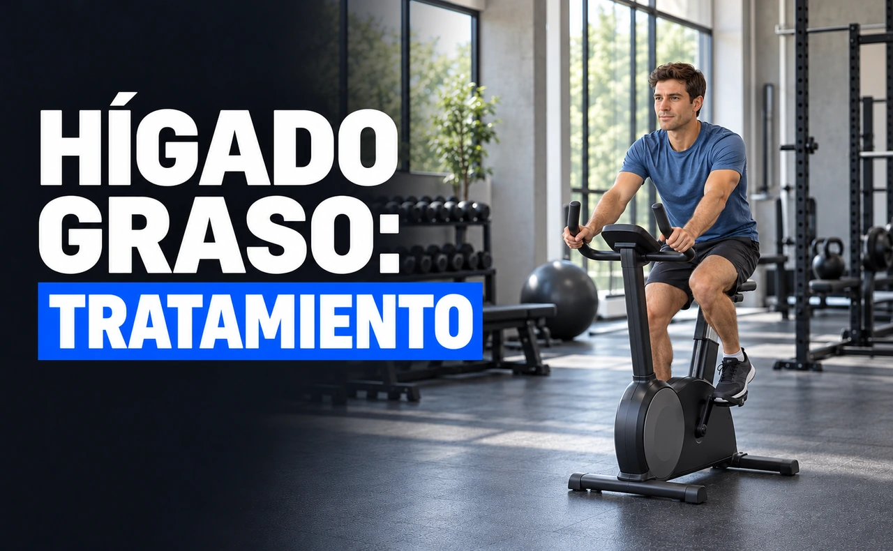 Hombre joven en una bicicleta estática, junto al titular «Hígado graso: tratamiento».