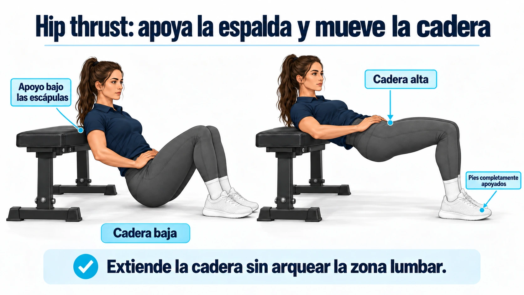 Fases del hip thrust con apoyo bajo las escápulas, pies en el suelo y extensión de cadera controlada.