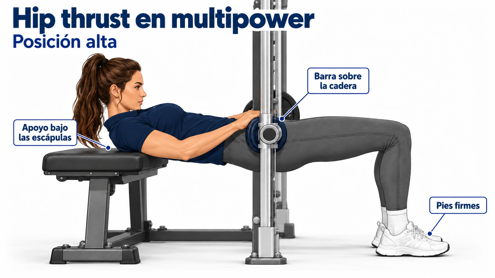 Posición alta del hip thrust en multipower con cadera extendida, apoyo escapular y pies en el suelo
