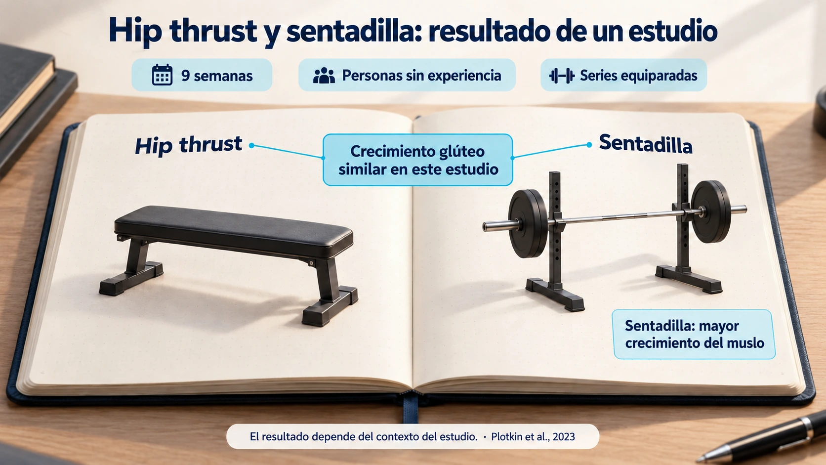 Comparación del crecimiento glúteo tras nueve semanas de hip thrust o sentadilla en personas sin experiencia, según Plotkin y colaboradores.