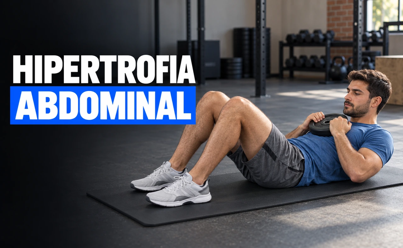 Joven atlético con camiseta azul realizando un encogimiento abdominal sobre una esterilla, con un disco sujeto al pecho y los pies apoyados. Titular: «Hipertrofia abdominal».
