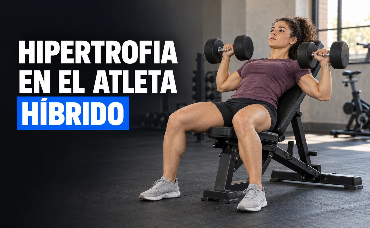 Deportista joven realizando un press con mancuernas sobre un banco inclinado, con una bicicleta estática al fondo y el titular «Hipertrofia en el atleta híbrido».