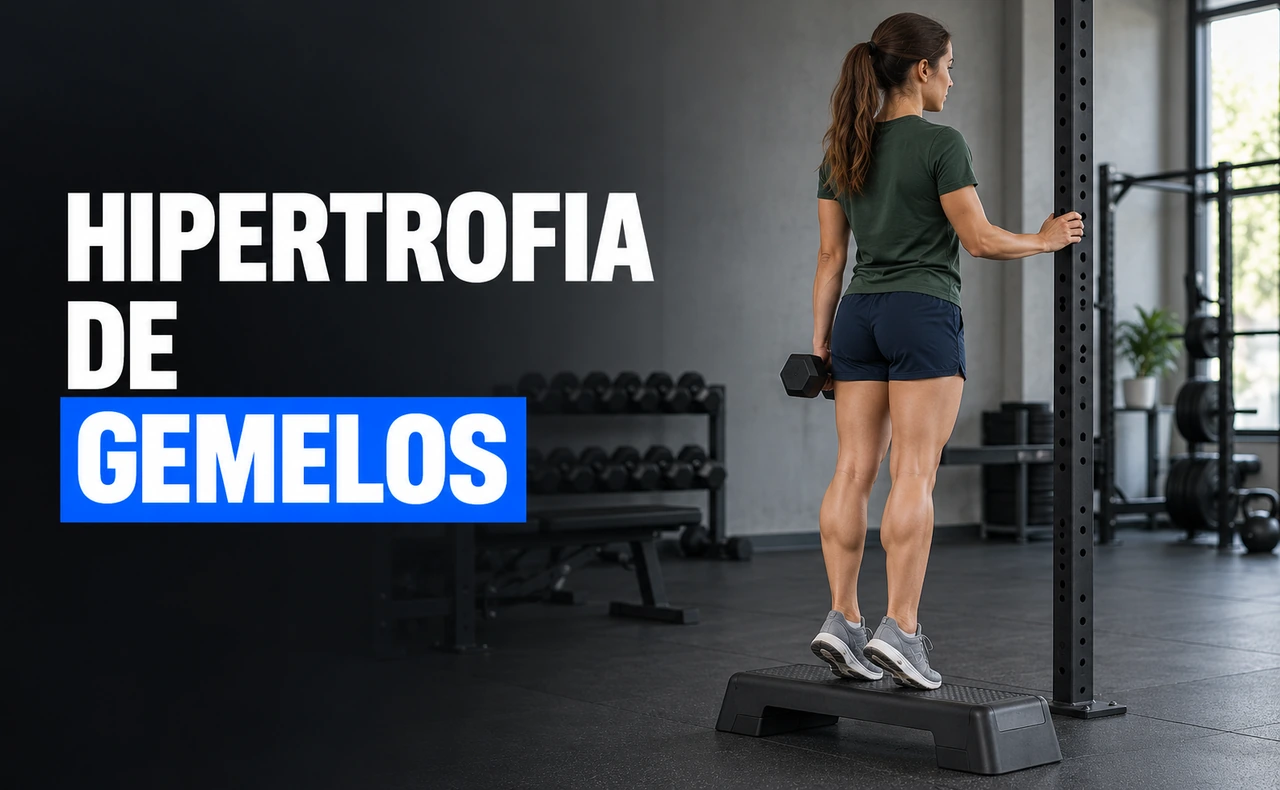 Mujer joven realizando elevaciones de gemelos sobre un step, con una mancuerna y apoyo en un soporte, junto al titular «Hipertrofia de gemelos».
