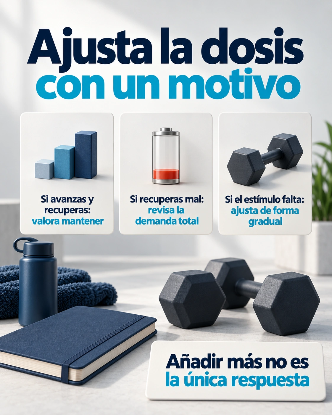 Opciones de mantener o ajustar la dosis según avance, recuperación y suficiencia del estímulo.