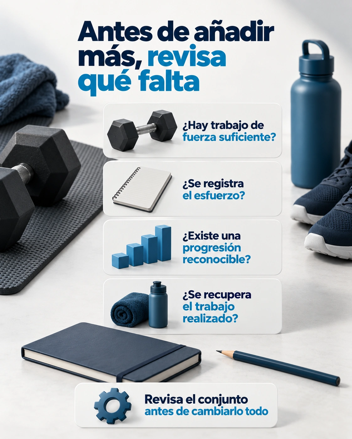 Cuatro preguntas para revisar el trabajo de fuerza, el registro del esfuerzo, la progresión y la recuperación.