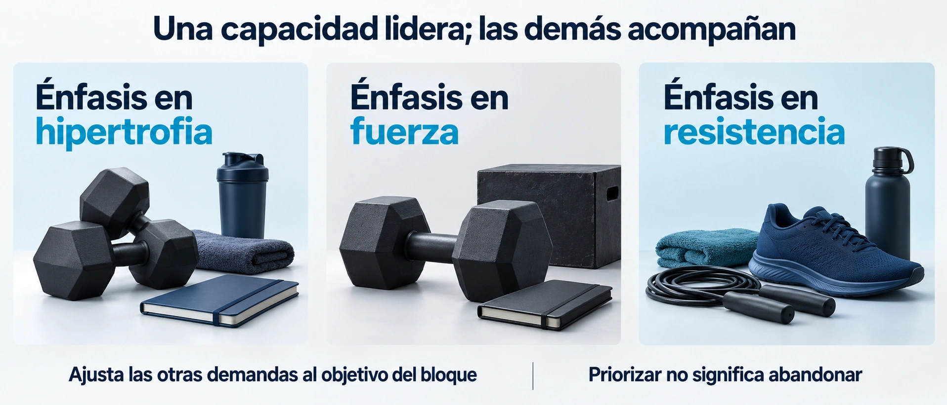 Tres énfasis posibles de programación: hipertrofia, fuerza y resistencia, ajustando las otras demandas.