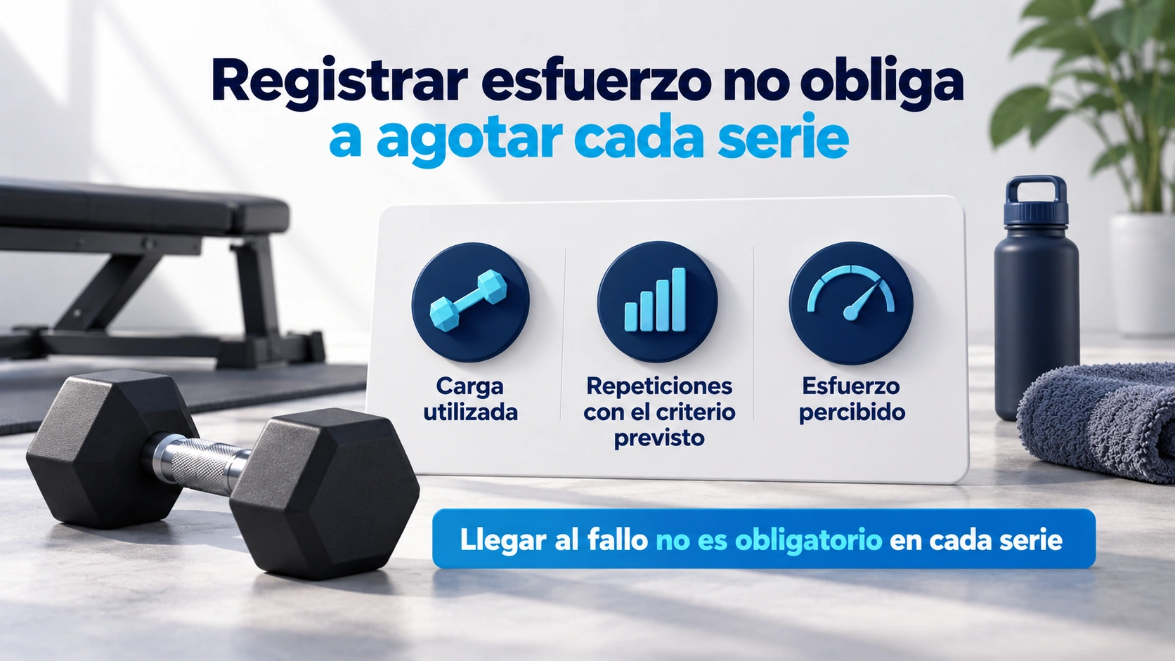 Registro de carga, repeticiones con el criterio previsto y esfuerzo percibido, sin exigir fallo en cada serie.
