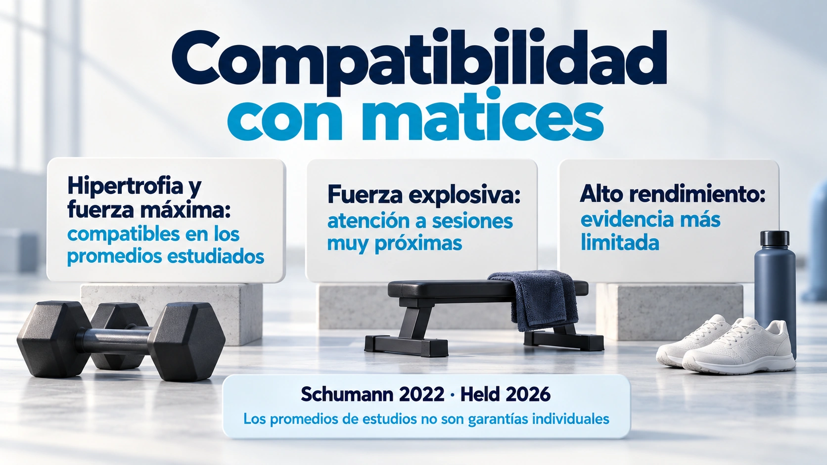 Síntesis de compatibilidad en hipertrofia y fuerza máxima, atención a fuerza explosiva y límites de la evidencia en alto rendimiento.