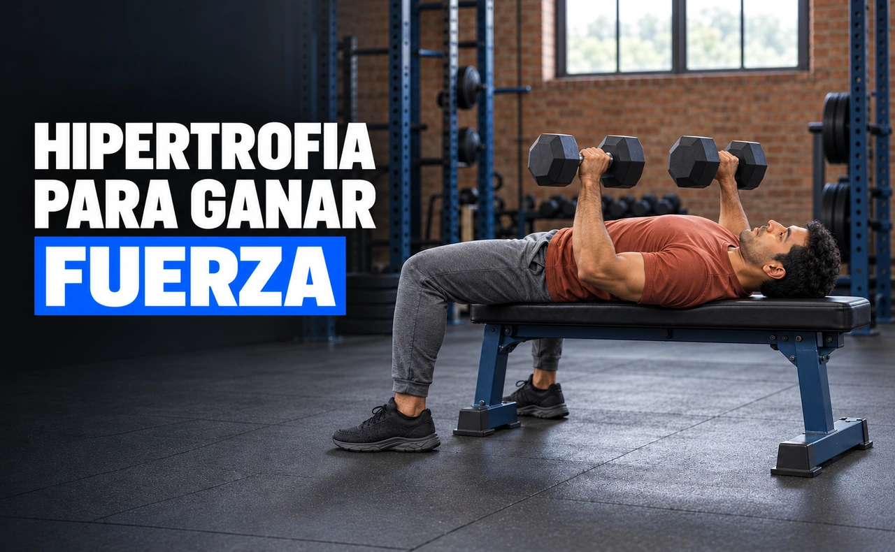 Hombre realizando un press de pecho con dos mancuernas en un banco plano, junto al titular «Hipertrofia para ganar fuerza».