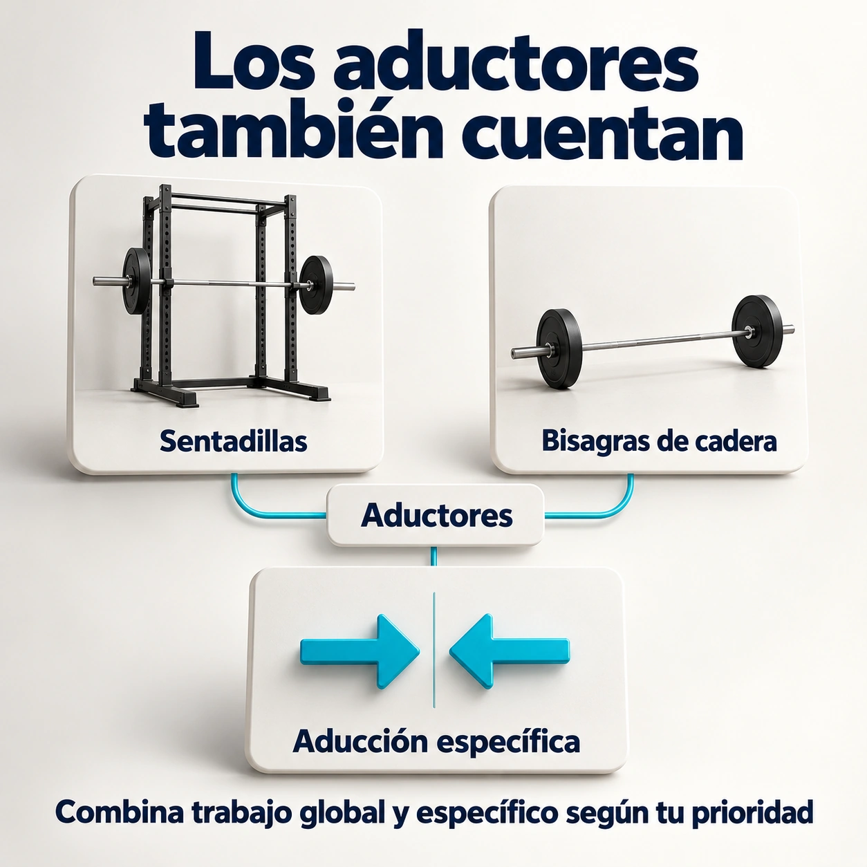 La programación de aductores puede combinar sentadillas, bisagras de cadera y trabajo específico de aducción