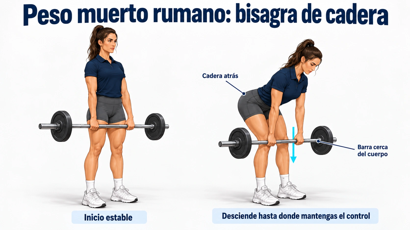 Peso muerto rumano con bisagra de cadera, barra próxima al cuerpo y ligera flexión de rodillas