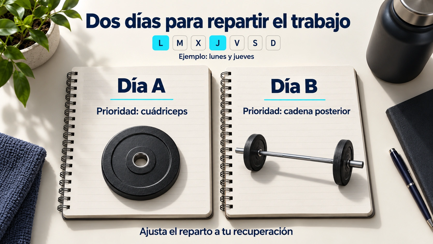 Ejemplo semanal de dos sesiones de piernas, una con prioridad de cuádriceps y otra de cadena posterior