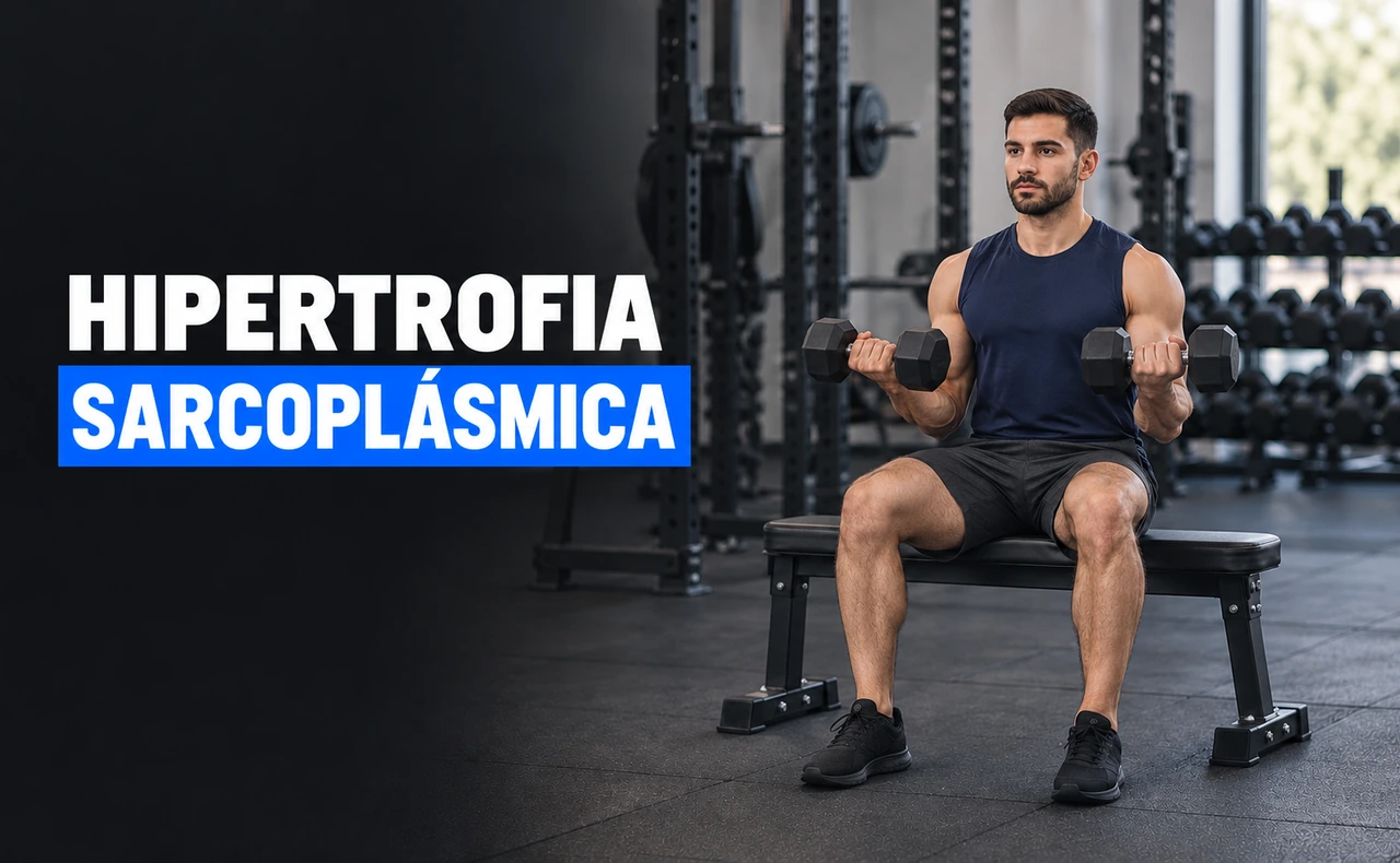 Joven atlético realizando un curl de bíceps con dos mancuernas sentado en un banco de gimnasio, con los pies apoyados. Titular: «Hipertrofia sarcoplásmica».