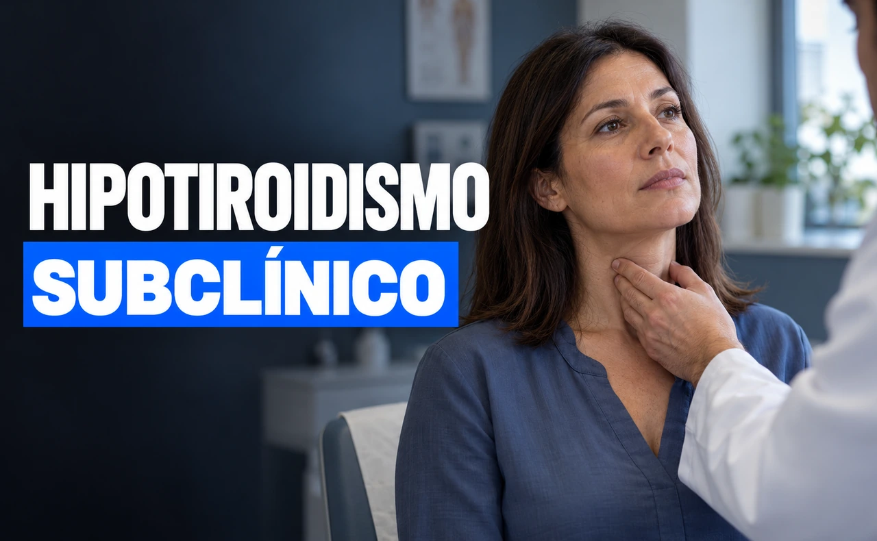Mujer en una consulta mientras le examinan suavemente la zona de la tiroides en el cuello. Titular: Hipotiroidismo subclínico.