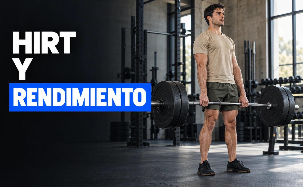 Hombre realizando un peso muerto con barra en un gimnasio. Titular: «HIRT y rendimiento».
