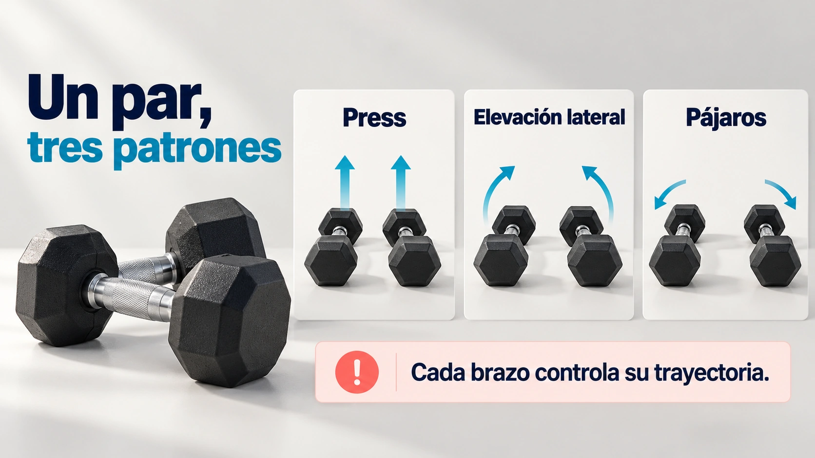 Con mancuernas pueden organizarse un press, una elevación lateral y un ejercicio posterior