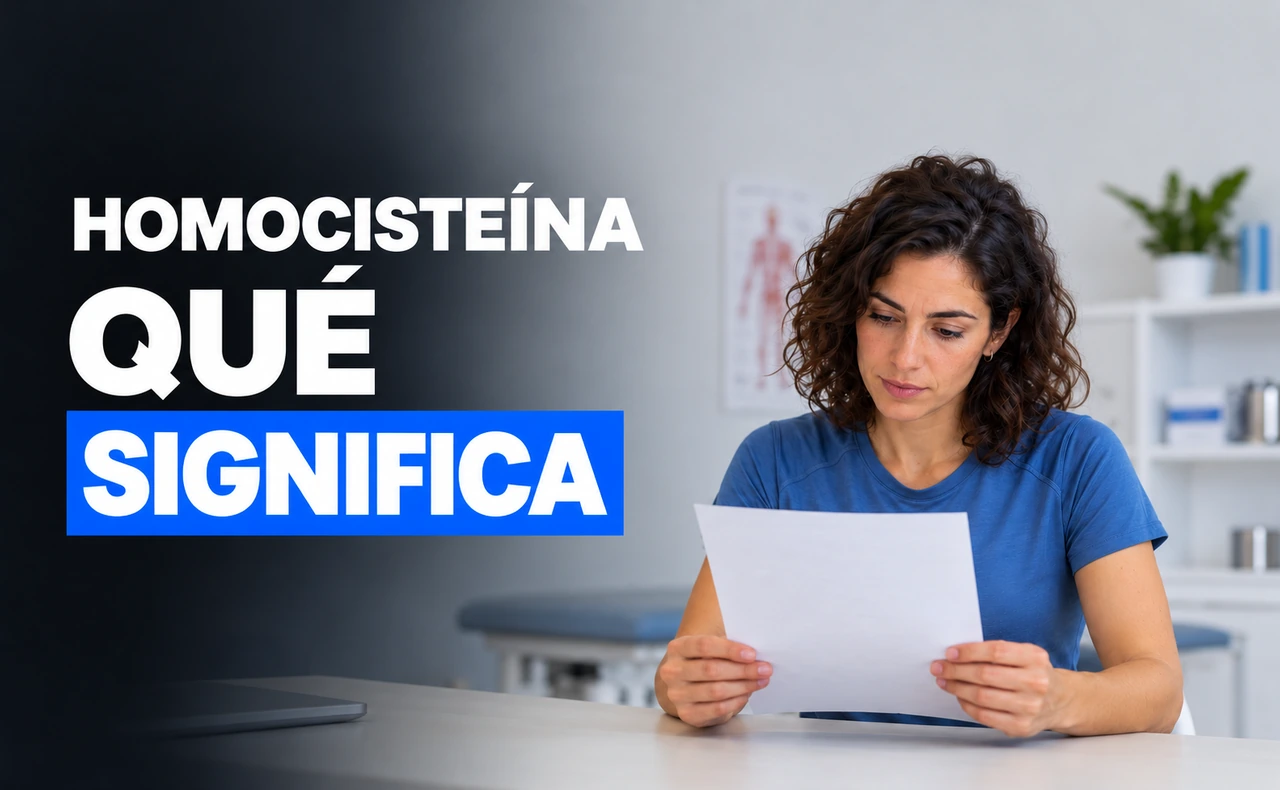 Mujer joven leyendo un informe en una consulta, junto al titular «Homocisteína: qué significa».