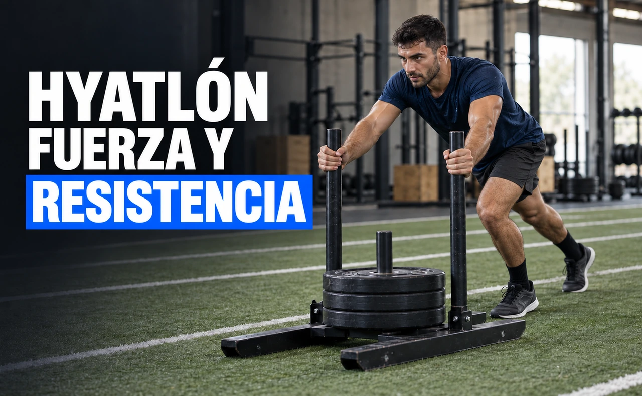 Deportista joven empujando un trineo con discos sobre césped artificial, junto al titular «Hyatlón: fuerza y resistencia».