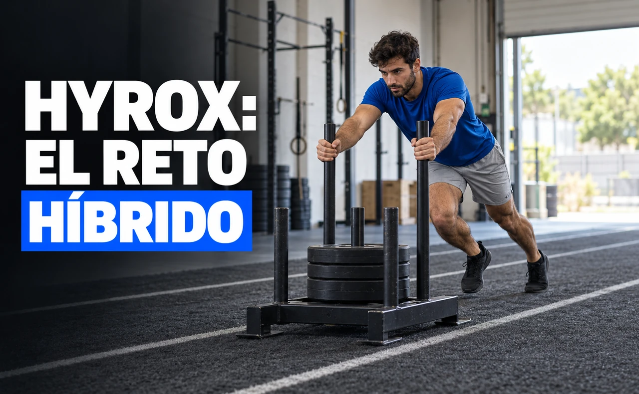 Deportista joven empujando un trineo lastrado sobre una pista de césped de gimnasio, con el titular «Hyrox: el reto híbrido».