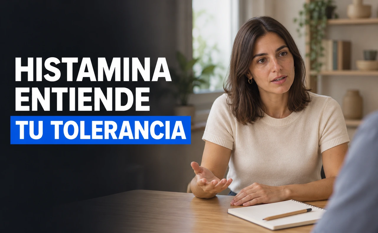 Mujer joven conversando en una consulta con una mano abierta sobre la mesa, junto al titular «Histamina: entiende tu tolerancia».