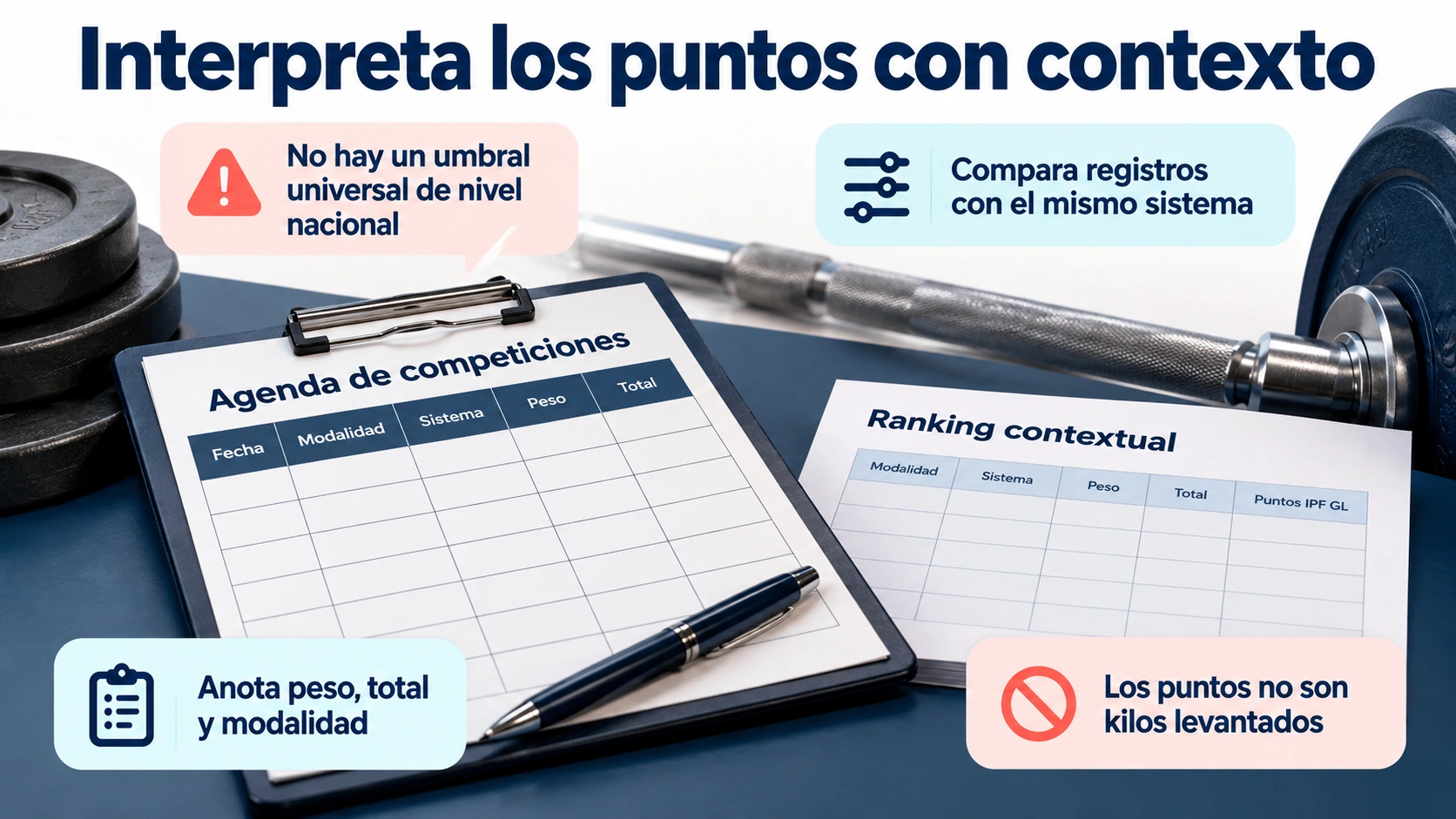 La puntuación IPF GL se interpreta con el contexto competitivo y comparando registros consistentes