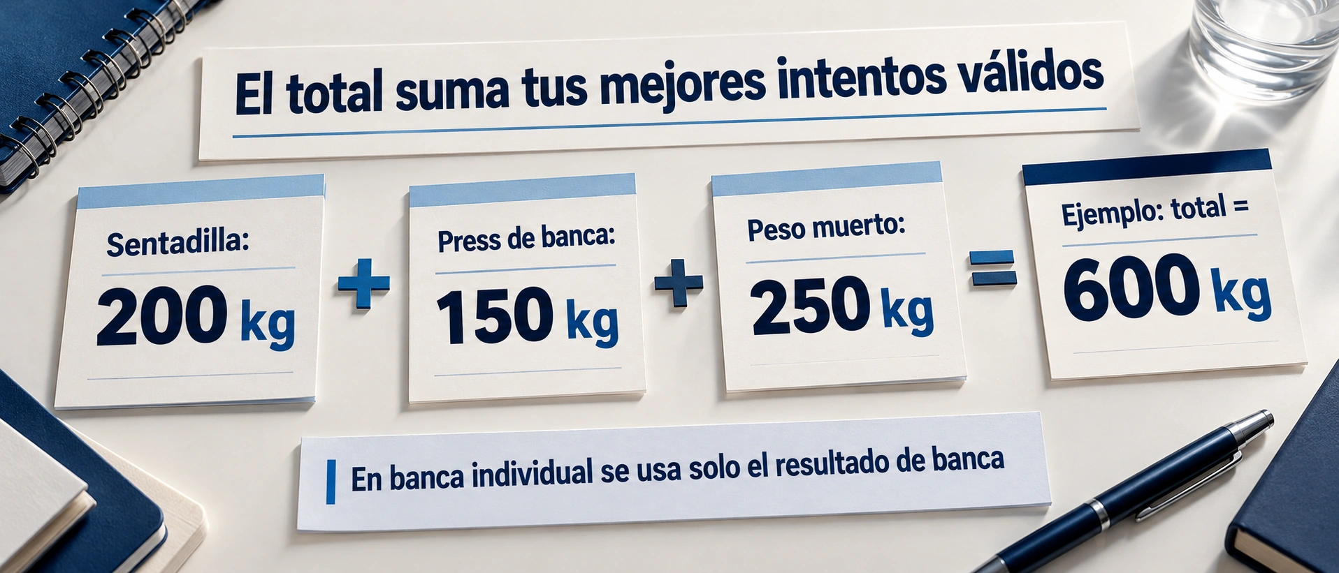 El total de powerlifting suma el mejor intento válido de sentadilla, banca y peso muerto