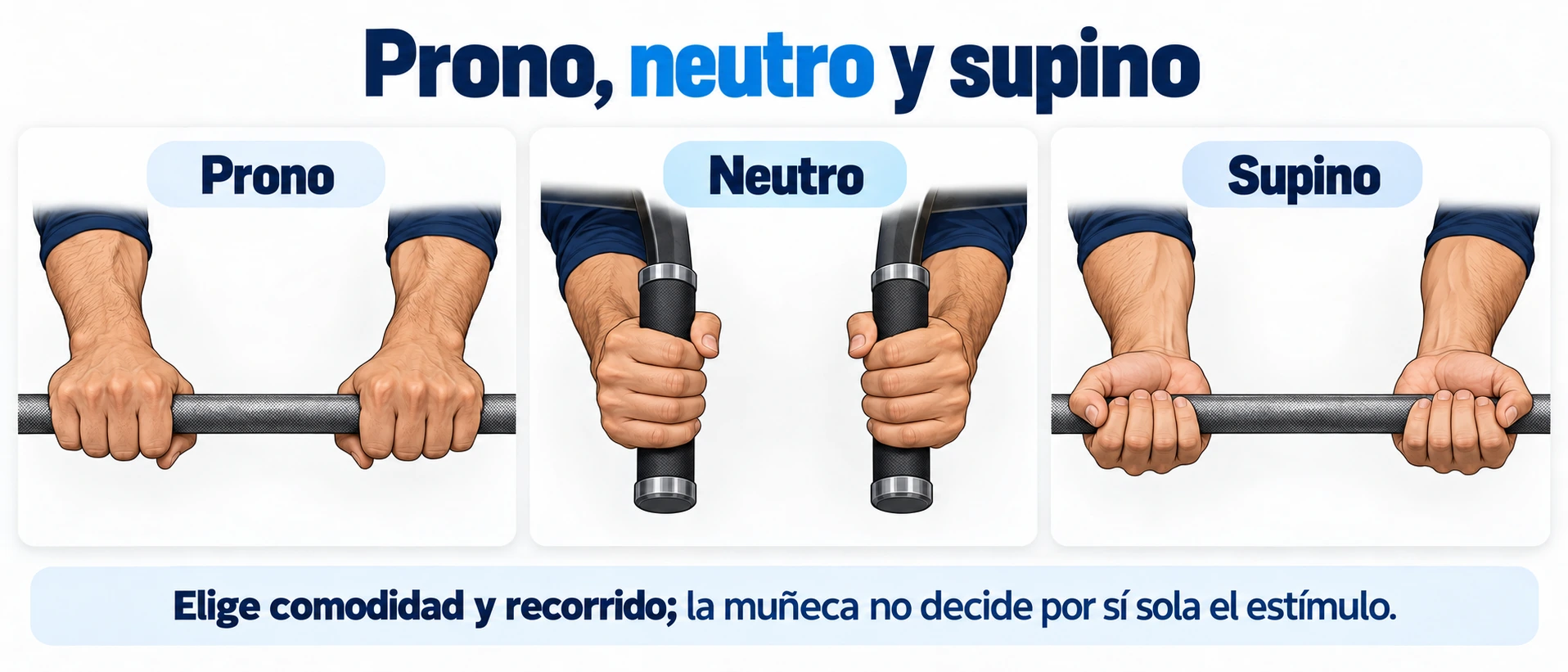 Orientación de las manos en los agarres prono, neutro y supino del jalón.