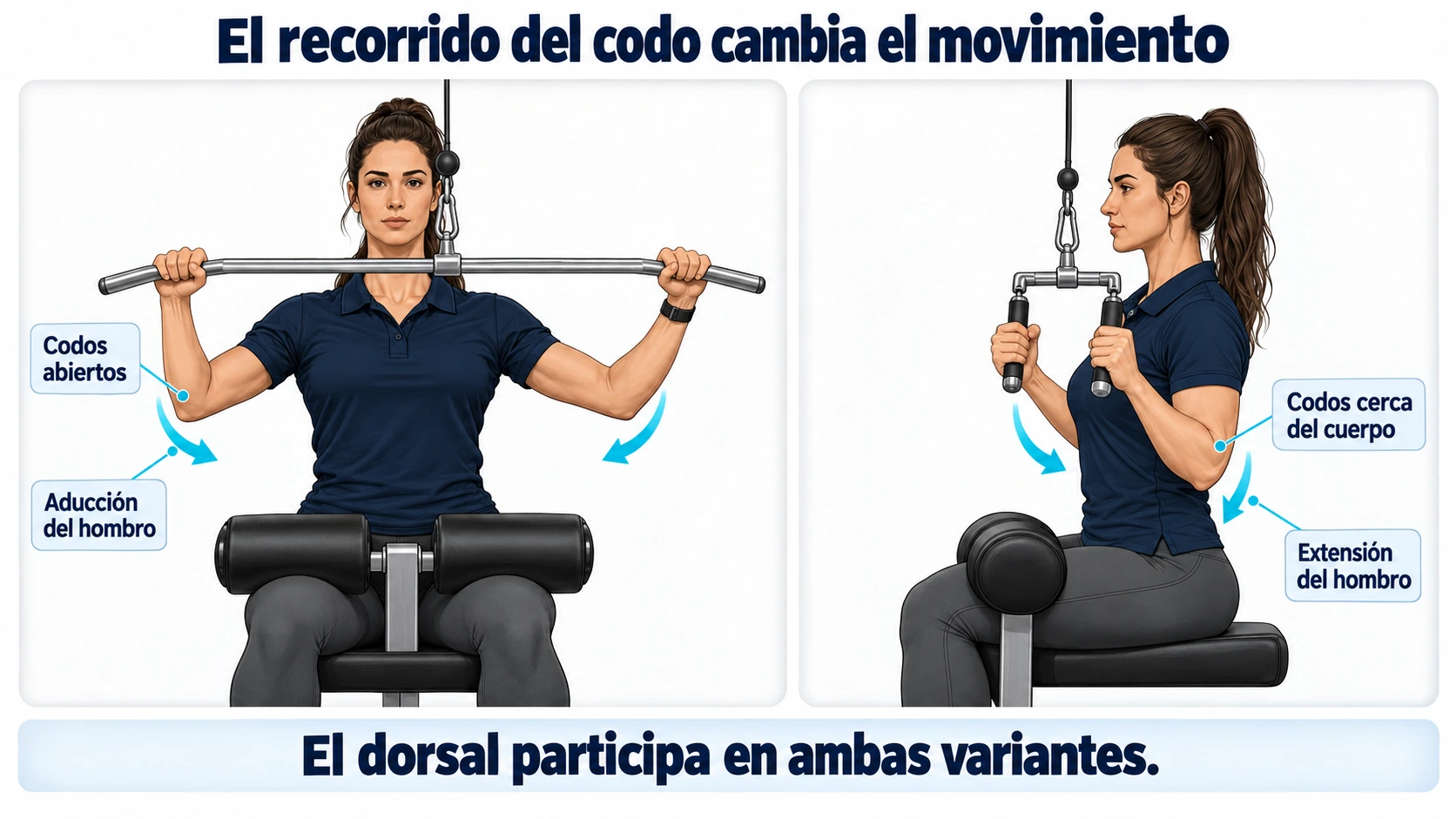 Diferencia entre aducción y extensión del hombro según la trayectoria del codo en el jalón.
