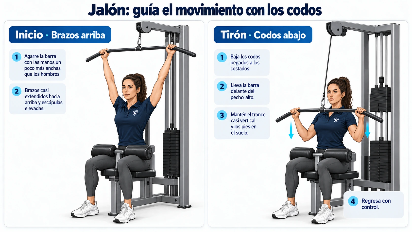 Fases del jalón al pecho con fijación de muslos y recorrido controlado de los codos.