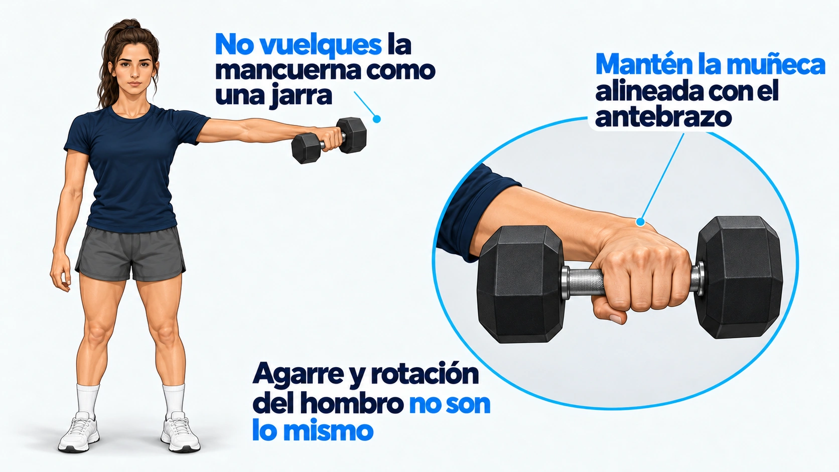 La muñeca neutra evita usar el gesto de volcar la mancuerna como consigna