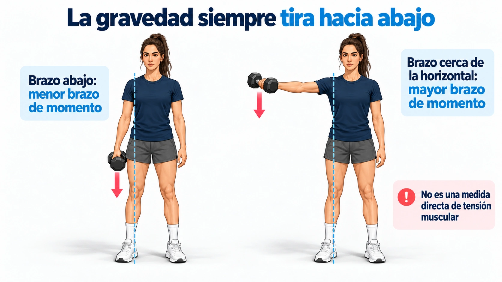 La gravedad tira verticalmente y el momento externo cambia al separarse la mancuerna del hombro