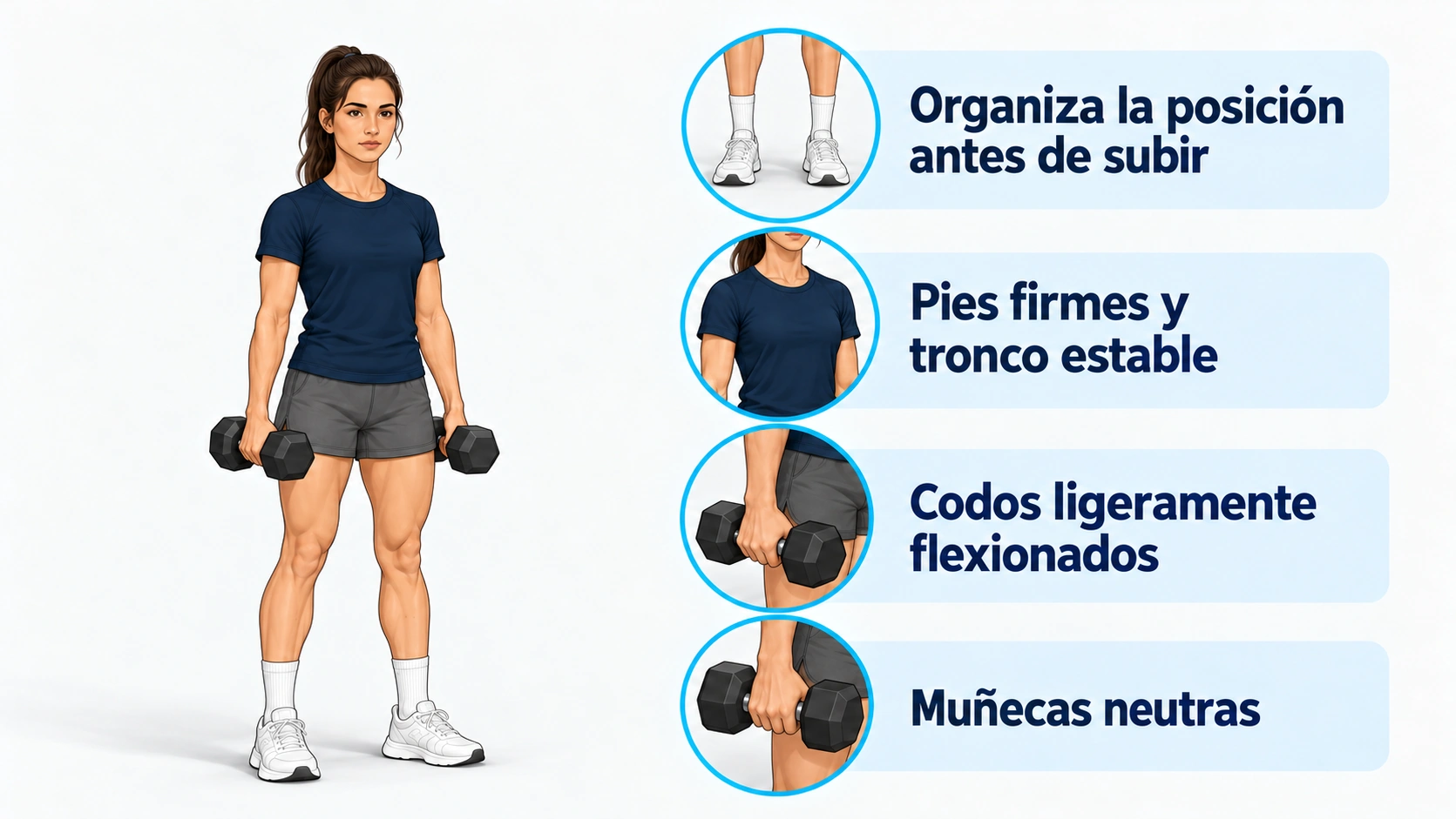 Posición inicial de pie con mancuernas a los lados y codos ligeramente flexionados