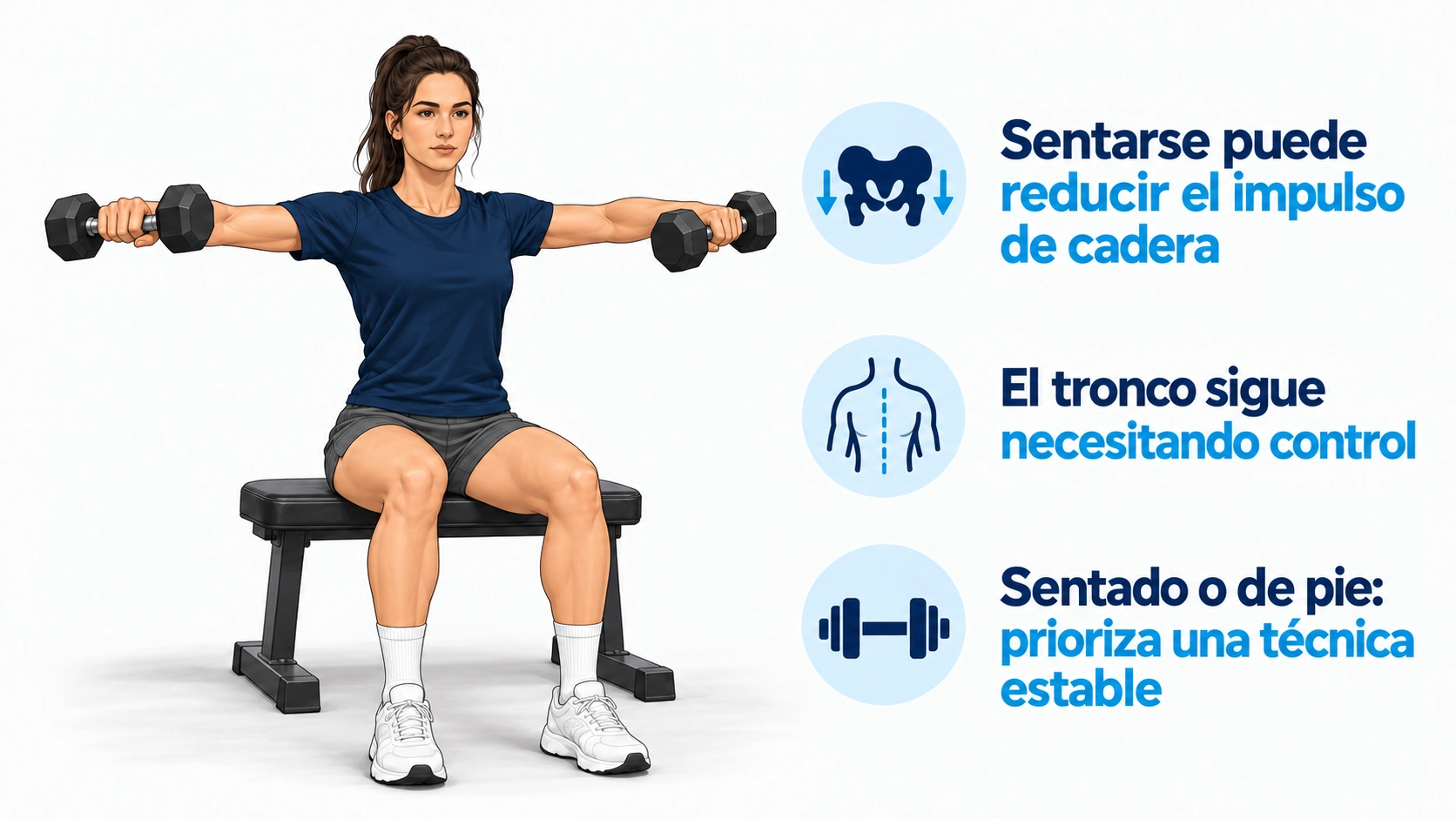 La posición sentada puede ayudar a reducir el impulso de cadera pero no garantiza una técnica correcta
