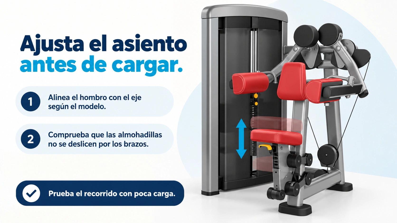 Ajuste de altura del asiento para aproximar el hombro al eje de las palancas en una máquina de elevación lateral