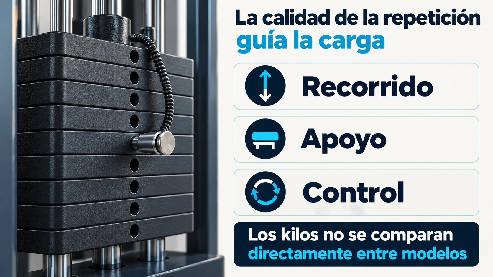 Selección y progresión de carga según recorrido, apoyo y control sin comparar kilos entre máquinas